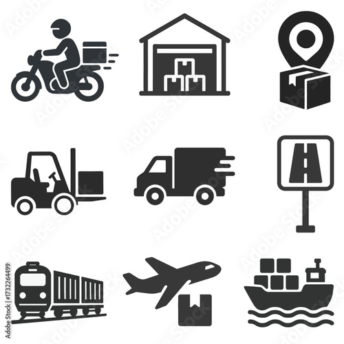 A set of logistics and transportation icons including delivery, warehouse, location, forklift, truck, road, train, airplane, and cargo ship.