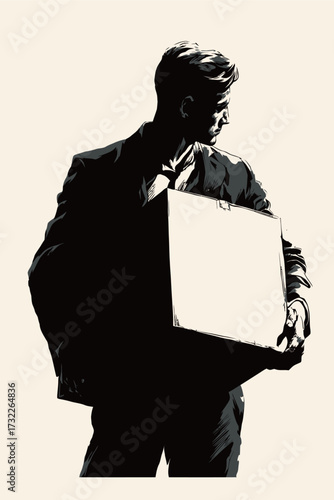 A man dressed in a suit stands holding a plain box, looking thoughtfully into the distance. The artwork features a stark contrast with bold shadows and minimal colors.