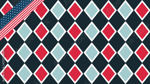 A pattern of red and light blue diamonds with a partial american flag in the upper left corner