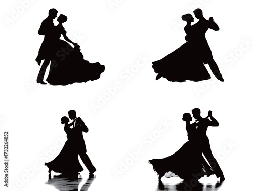 Couples are depicted in graceful dance poses, showcasing their elegance and connection. The silhouettes highlight the beauty of dance and movement.