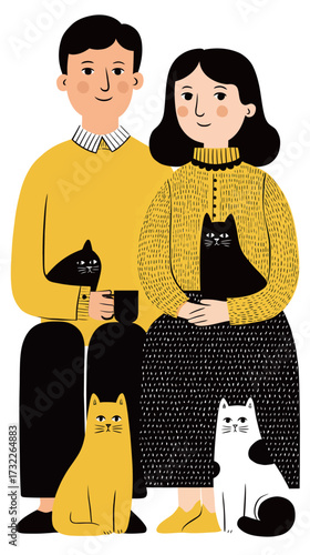 A man and woman sit closely together, each holding a cat while two others rest at their feet. They wear bright yellow sweaters and smile warmly, creating a cozy scene.