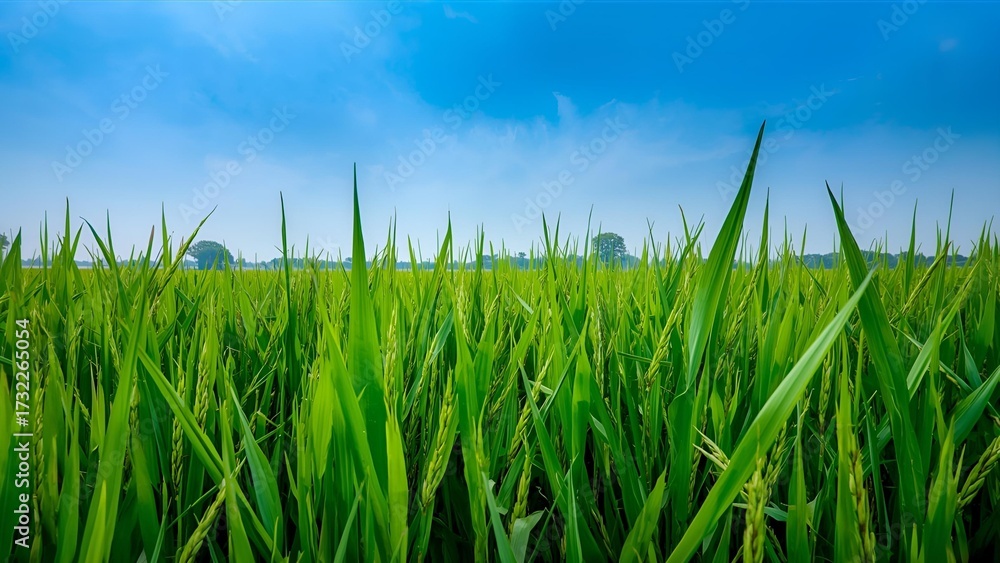 Obraz premium Green Rice Field with Blue Sky – Fresh Agricultural Landscape