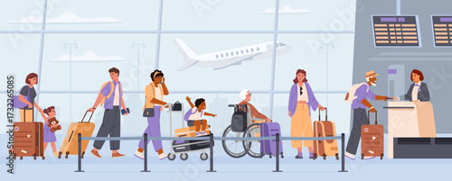 Diverse people with suitcases standing in line at the airport to check in flat vector illustration.