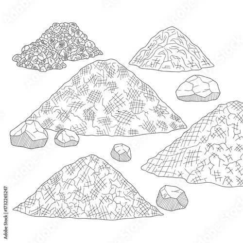 Illustration of various piles of loose granular material and small stones.