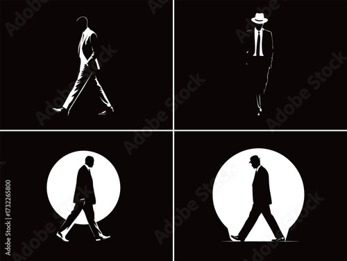 Four stylish silhouettes of men are walking in distinct poses. Each scene features a different background, showcasing various walking styles and fashion.