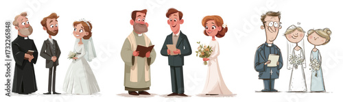 Two couples stand in front of a minister during a wedding ceremony. They express joy and love, surrounded by beautiful decorations and warm smiles.