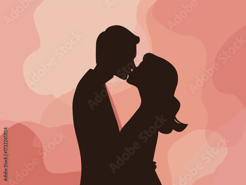 A couple stands closely together, sharing a gentle kiss. Their silhouettes are outlined against a warm, abstract background, creating a romantic atmosphere.