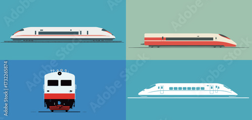 Different train models are displayed in a stylized manner, highlighting their unique designs. Each design reflects innovation in transportation technology.