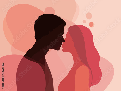 A couple stands close together, their silhouettes nearly touching as they share an intimate moment. The background features soft, warm colors creating a romantic atmosphere.