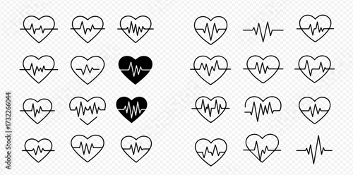 A collection of heart icons with integrated ECG heartbeat lines, depicting medical and health concepts.