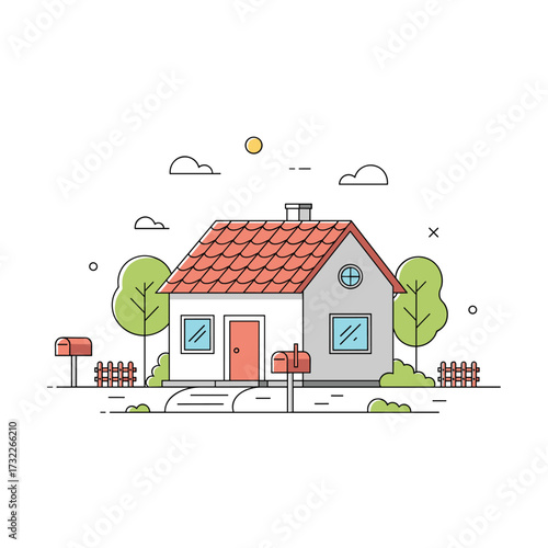 A charming detached house with a red roof and two mailboxes in a suburban setting.