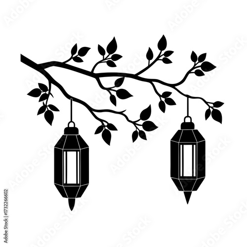 branch with lanterns and flowers vector illustration 