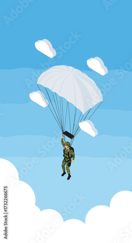 A brave soldier descends from the sky under a parachute during a military operation.