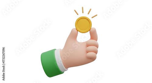 Cartoon hand holding a gold coin with radiating lines isolated on a transparent background