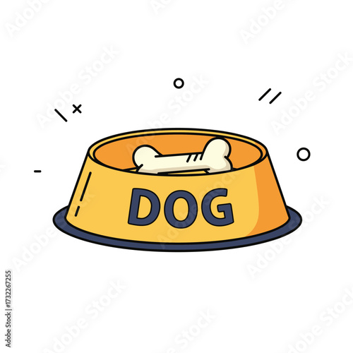A yellow dog bowl filled with a bone sits on a white background with simple abstract shapes.