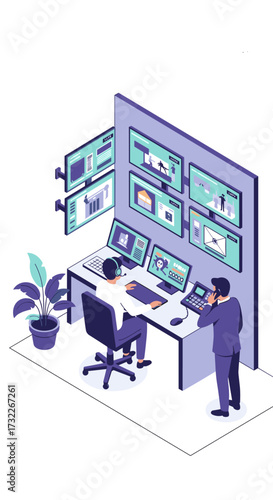 Security personnel monitoring multiple surveillance screens in a control room setting.