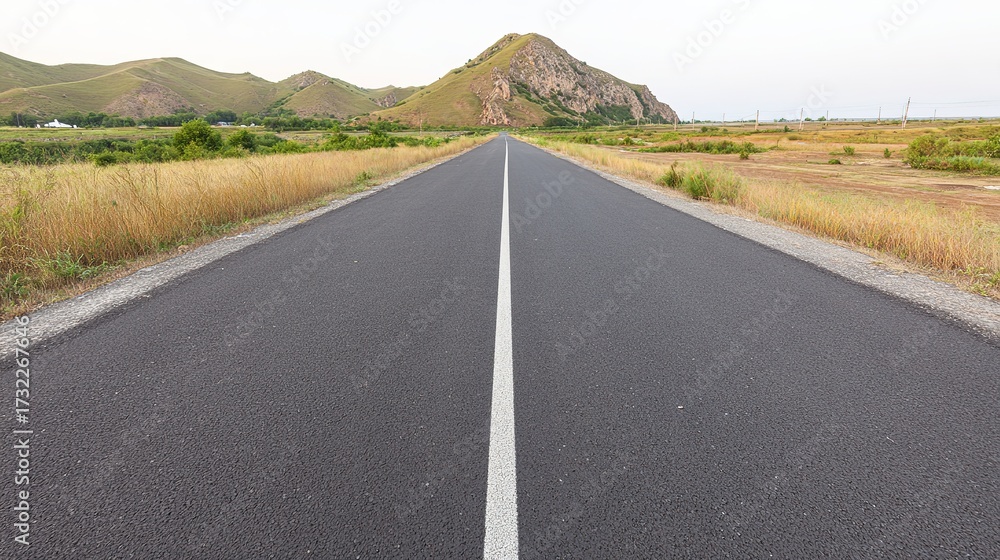 Fototapeta premium asphalt. Panoramic view of an empty road under cloudy skies, capturing a serene and open landscape. travel magazines, destination branding, designed for outdoor magazines and nature guides.