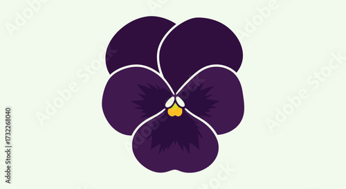 Stylized, deep purple pansy with white outlines on pale green