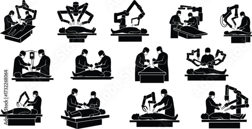 Black and white medical surgery silhouettes, robotic assisted operations, surgeons with patients, modern healthcare technology, hospital procedure illustration set