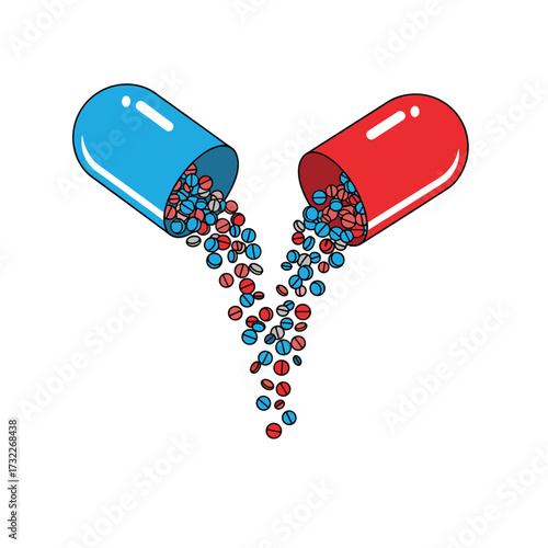 Two capsules spill their contents depicting a crossroads of choices.