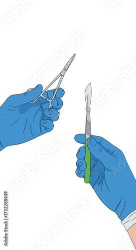 Hands in surgical gloves holding medical instruments for procedures.