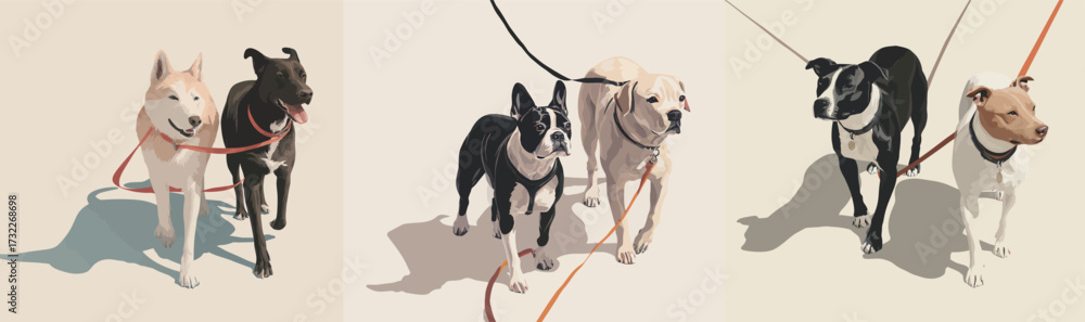 Fototapeta premium Four dogs of various breeds enjoy a pleasant stroll while being walked on leashes. The sun casts soft shadows as they move happily together.