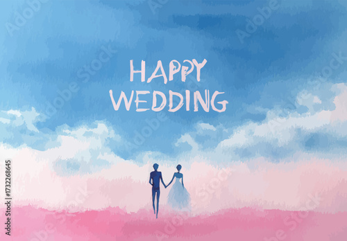 A couple holds hands, standing against a stunning sky filled with soft clouds. The celebration embodies warmth and happiness, capturing a special moment of their wedding.