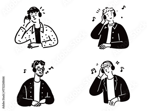 Four individuals are depicted engaging with music while wearing headphones. Each shows different expressions of enjoyment and focus.