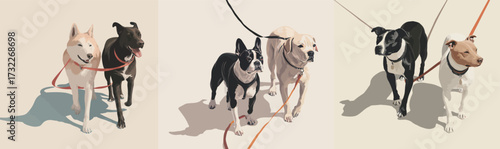 Four dogs of various breeds enjoy a pleasant stroll while being walked on leashes. The sun casts soft shadows as they move happily together.