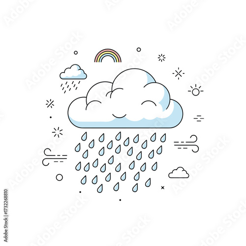 A depiction of a cloud raining with a rainbow and windy conditions.