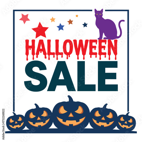 Halloween Sale graphic with dripping red text, bold green lettering, glowing pumpkins, purple cat, stars — festive design for promotion