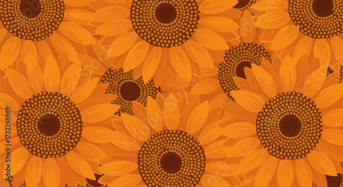 Dense orange sunflowers with brown centers in a repeating pattern