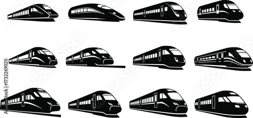 Black and white train silhouettes, modern high speed rail commuter transport, railway design illustration set, transportation technology concept for stock