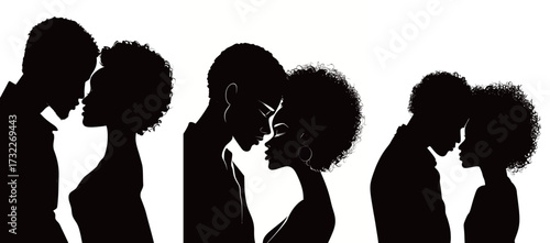 Couples share tender moments illustrated through silhouettes, highlighting their love and intimacy. The artwork captures the deep bond and warmth shared between them.