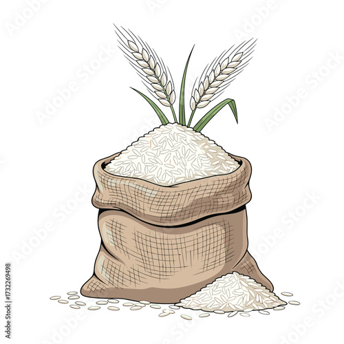 A burlap sack overflowing with white rice kernels and topped with wheat stalks representing natural grains and agricultural bounty.