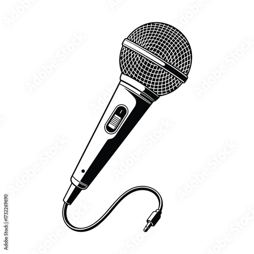 A classic black and white illustration of a handheld microphone with a coiled cord and connector. .