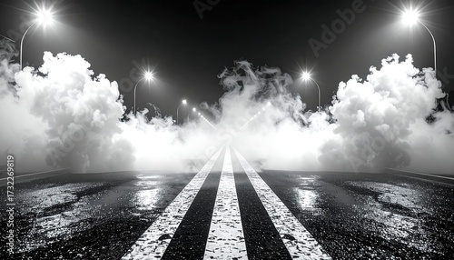 A dramatic black and white image depicts a street with thick fog obscuring the distance, illuminated by overhead lights