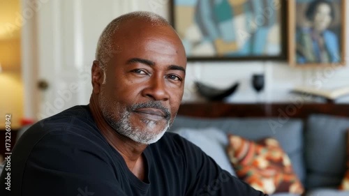 Mature man with salt and pepper beard, looking directly at camera with a slight smile, relaxed indoors.