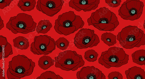 Red floral repeat pattern with outlined, stylized poppy flowers