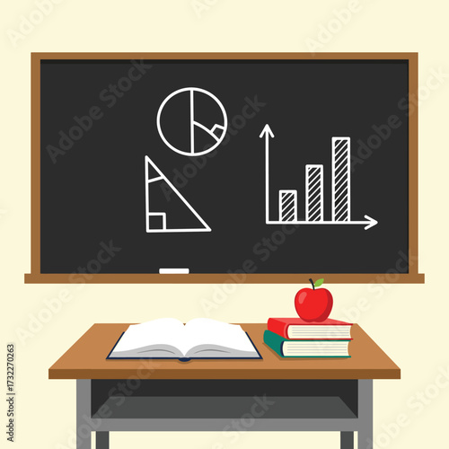 Unlock learning potential with a charming classroom scene featuring a blackboard with math symbols, books, and an apple on a desk.