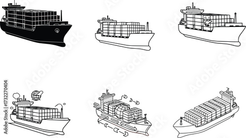 Cargo ship illustration, container vessel graphic, shipping transport icon, global trade design, maritime logistics artwork, freight boat cartoon, export import concept