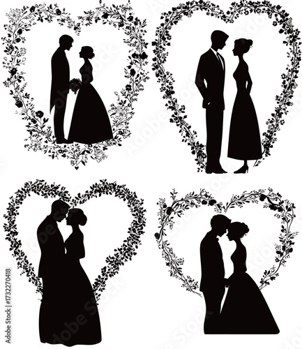 Romantic silhouettes of couples in formal wear are framed by floral heart shapes. This design captures love and connection, suitable for weddings or engagements.