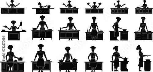 Chef silhouette, cooking activity, culinary tools, professional chef, kitchen counter, food preparation, restaurant cooking, chef working, gastronomy art, culinary workspace