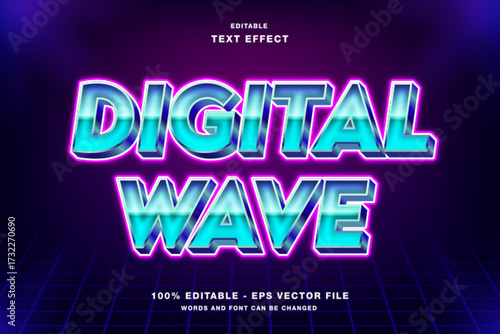 Digital Wave 3D Text Effect Editable with Neon Glow and Glossy Blue Gradient.