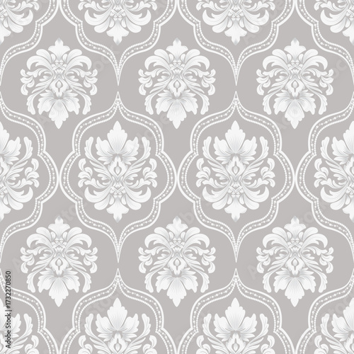 seamless damask with white floral and grey background pattern, vector illustration elegant for textile, wall paper, curtains, rug, cushion cover, bedding, upholstery fabric, scarf, vintage and luxury,