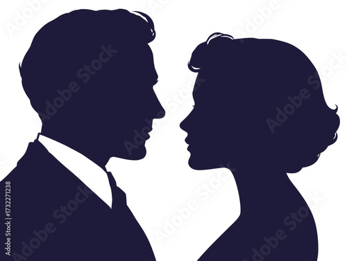 A romantic silhouette features a couple looking into each others eyes, dressed elegantly. The scene conveys love and connection during a special moment together.