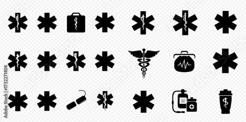 Various black silhouette medical and emergency service icons, featuring multiple Star of Life symbols, a Caduceus, first aid kit, and healthcare equipment.