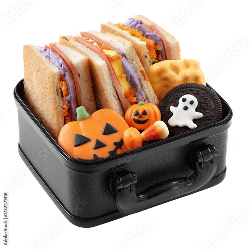 A delightful lunchbox bursting with Halloween-themed treats. Including sandwiches, spooky biscuits and candies.