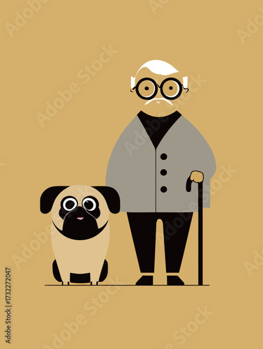 An elderly man with glasses stands next to his pug dog. They share a cozy atmosphere and a sense of companionship. Both appear cheerful and relaxed.