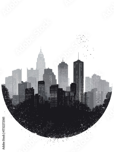 A unique silhouette of a bustling city skyline with towering buildings and lighted windows. The design features a circular frame filled with dark foliage, creating contrast.